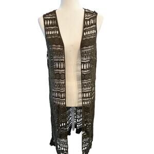 Women’s Open Front Crochet Duster Vest Longline Green M/L Boho Festival Hippie